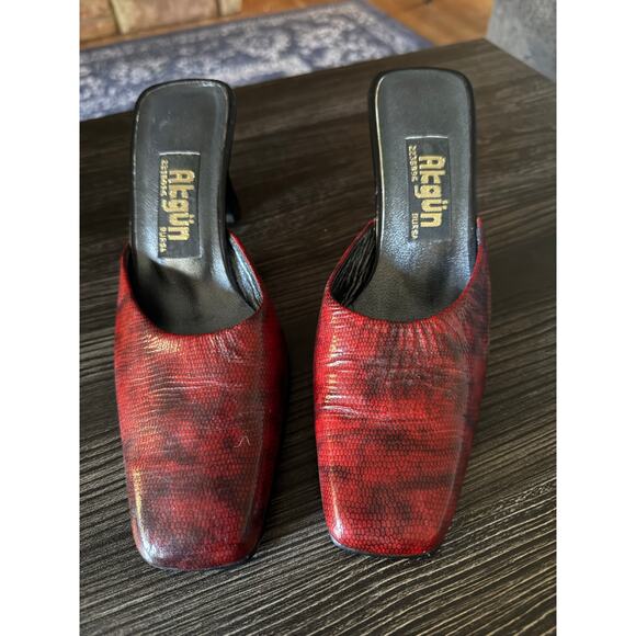 Akgün Shoes - Akgün Red Snake Skin Mule Kitten Toe Heels Sz. 7